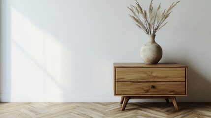 Handcrafted drawer and vase on wooden floor with white wall.