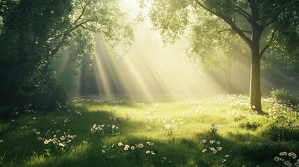 Fototapeta premium Beautiful meadow with trees and sunlight, with green grass, flowers, and sunlight shining.