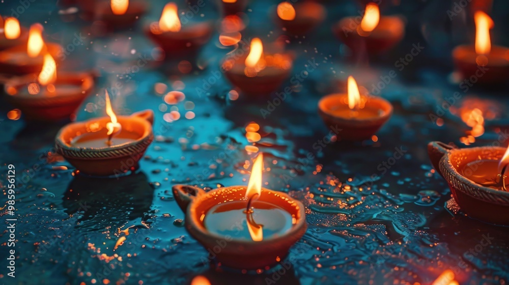Poster A group of lit candles sitting on a table, perfect for setting the mood or adding ambiance to any scene