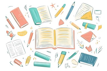 Open book in autumn leaves. Vintage style book illustration for design, print or background. Watercolor education, school design
