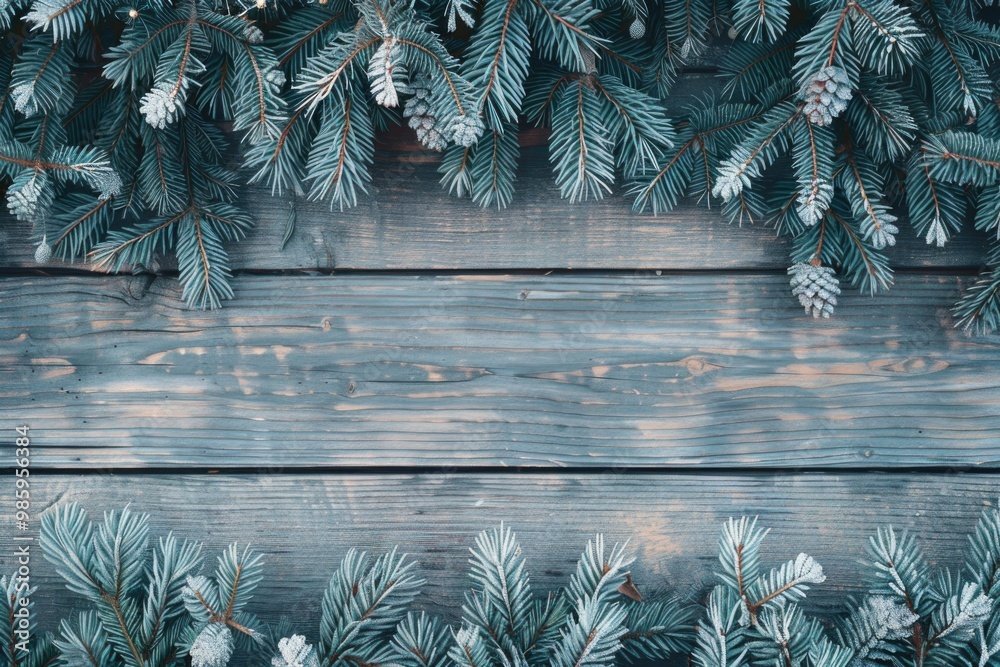 Poster a close-up shot of a pine tree's trunk and branches on a wooden surface