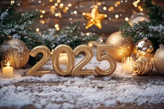 Royal VIP 2025 New Year Christmas Flyer. Minimalist Happy New Year Celebration Snow Background. 2025 Christmas Twigs, Christmas Balls, Sparkles Lights. Christmas Deco Pattern with Free Space for Text.