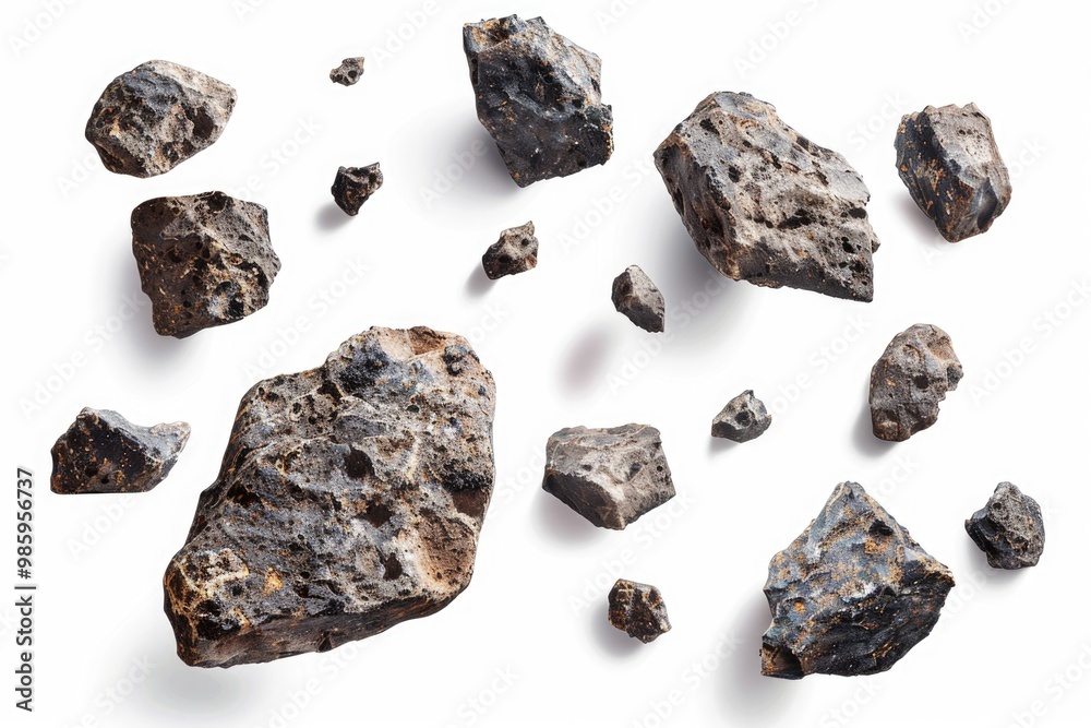 Poster a group of rocks placed on a white surface, ready for use as a decorative arrangement or design elem