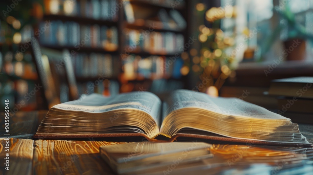 Poster a book lying open on a wooden table, ready for reading or study