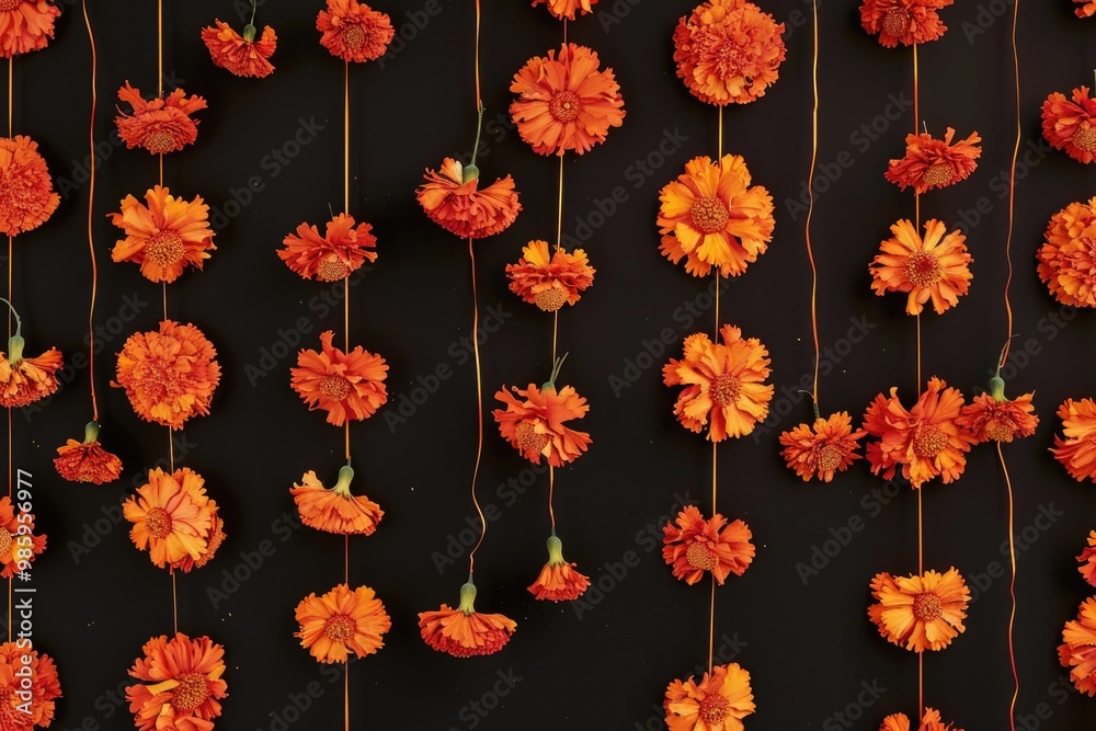 Poster a bunch of orange flowers on a dark or black background, great for adding a pop of color to any desi