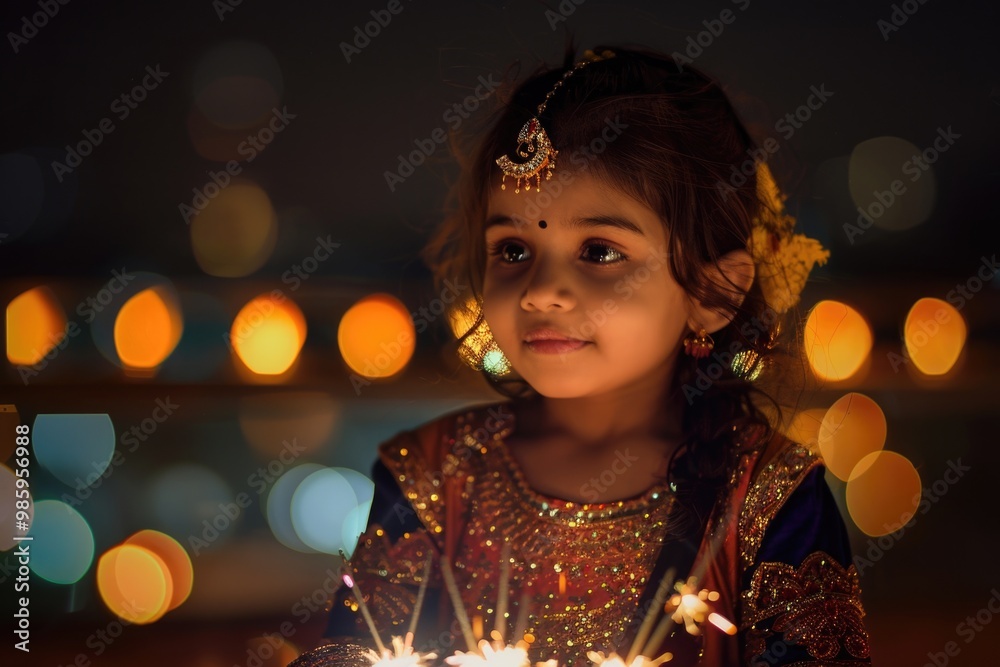 Poster A young child holding a lit sparkler, perfect for 4th of July or birthday party images