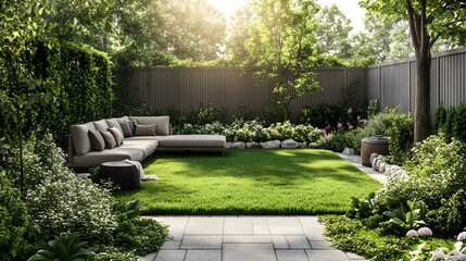 Modern backyard design with wide lawn and outdoor sofa, surrounded by green vegetation. Sunlight filters through trees, creating a relaxing atmosphere in harmonious home architecture.