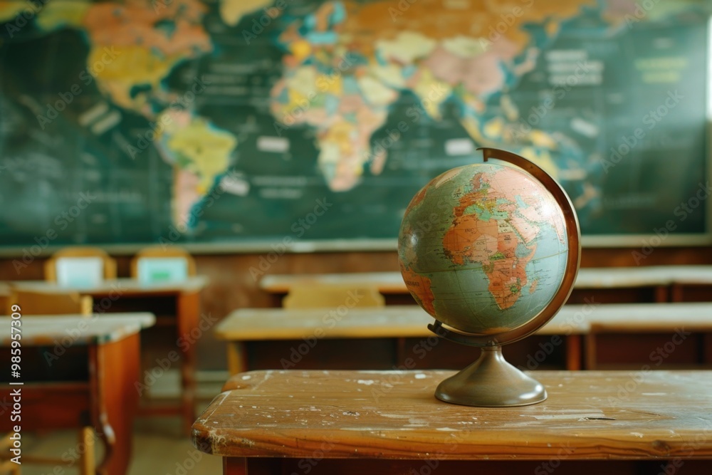Poster A globe sitting on a wooden table with a simple and elegant design