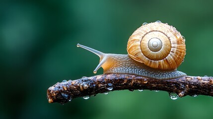 Close-up of a snail crawling on a branch with a golden brown spiral shell, featuring delicate textures and water droplets, in a natural macro photography setting.