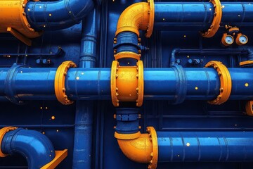 industrial seamless pattern of white piping on blue background technical line art style depicting water gas or oil infrastructure horizontal layout