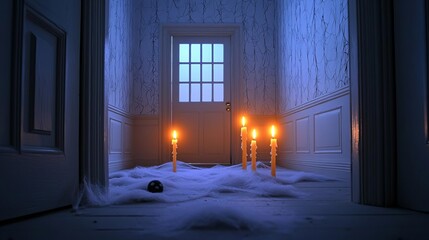 Spooky cobweb-covered hallway in an abandoned Victorian house, with peeling haunted wallpaper and flickering candlelight, creating an eerie, atmospheric scene perfect for Halloween
