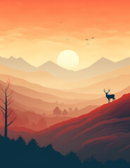 Fototapeta premium Majestic Mountain Sunset with a Deer Silhouette