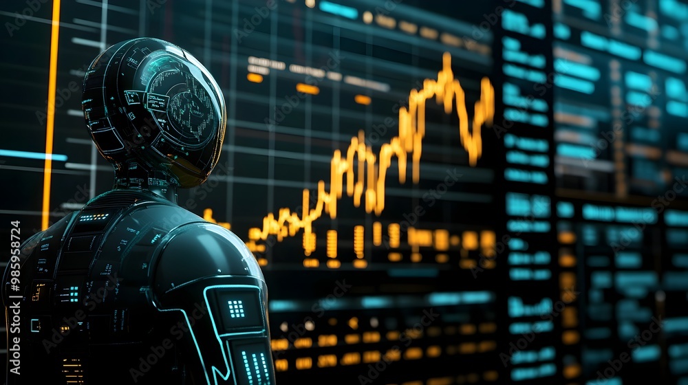 Poster advanced ai powered robot trader analyzing real time market data and predicting financial trends and