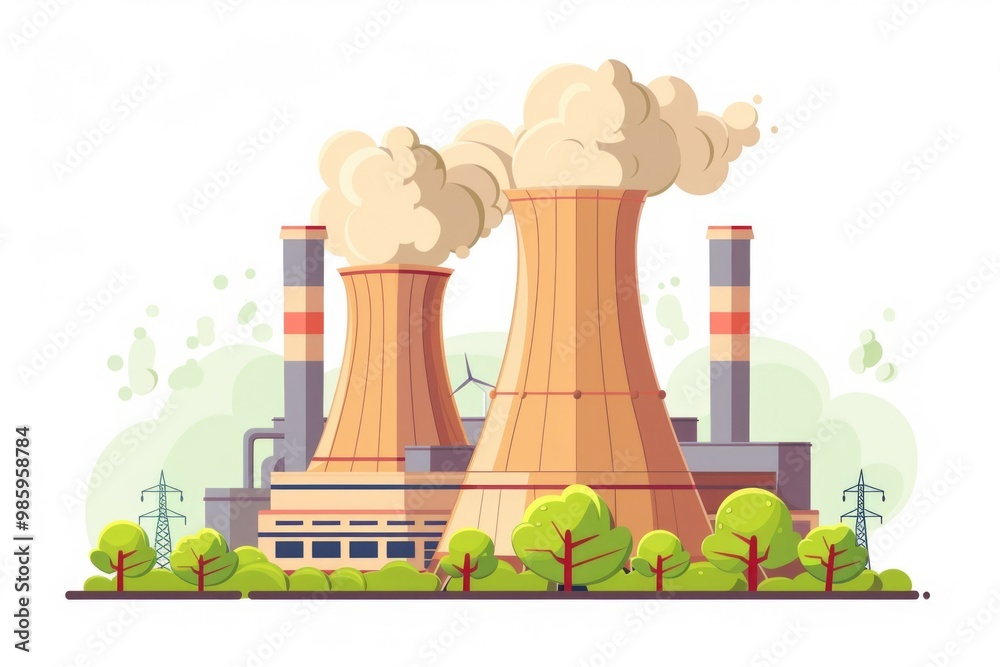 Poster a photo of an industrial factory with visible smoke emitting from the chimneys, suitable for use in 