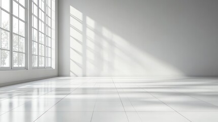 Bright sunlight illuminates a minimalist, open area with sleek, reflective flooring