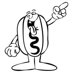 Hotdog Cartoon characters doing pointing gesture with its finger. Best for icon, outline, logo, and coloring book with street food business themes
