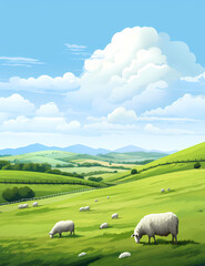 Fototapeta premium Peaceful Sheep Grazing in a Lush Green Meadow