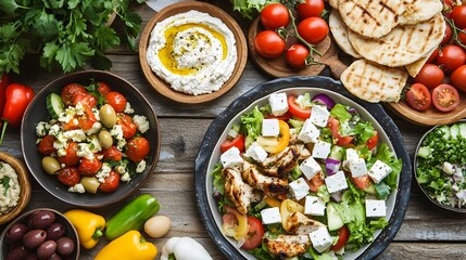 A table with various Greek dishes such as feta cheese, lamb shawarma, and salad on it.