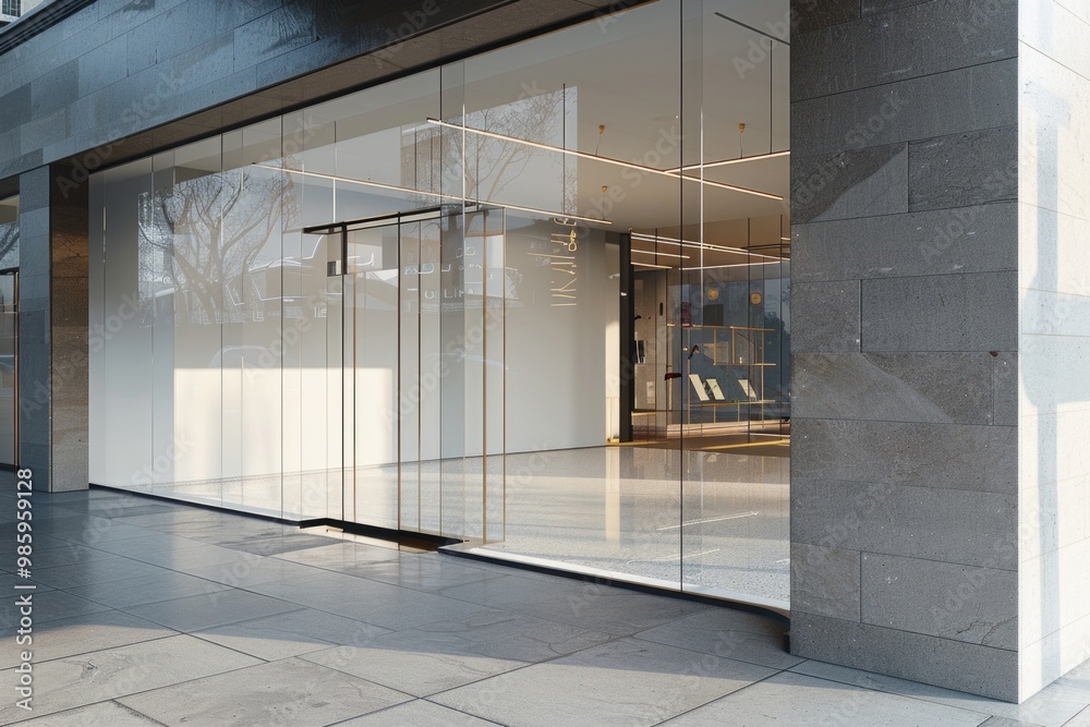 Poster A modern building with a large glass door on the outside, suitable for use in architecture or design concepts