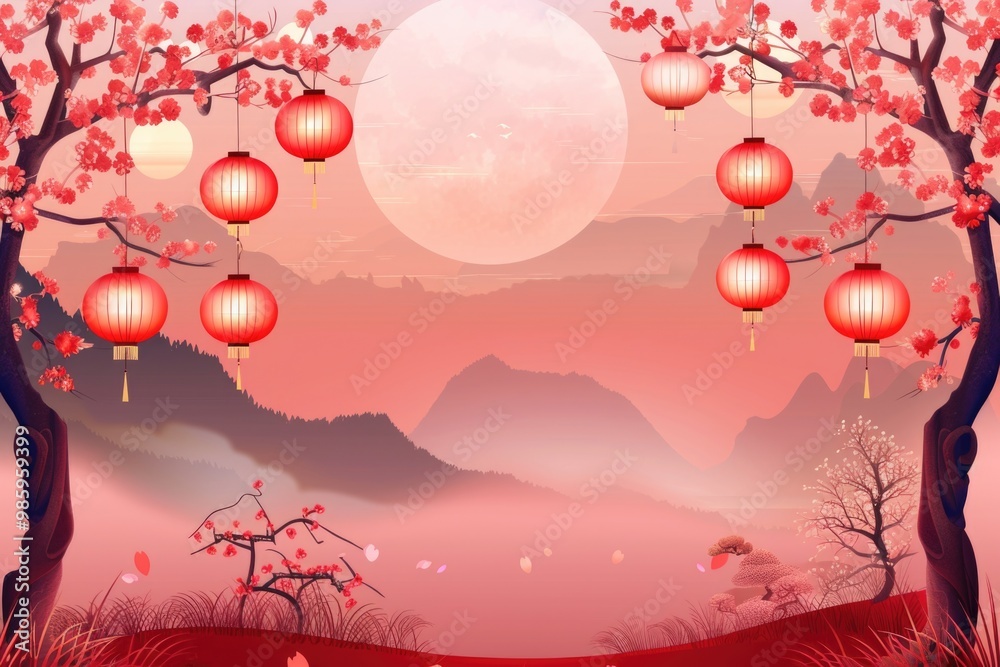 Poster a serene landscape with a full moon and red lanterns, ideal for use in scenes about peaceful nights 