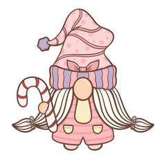 Cute Pastel Gnome in Christmas Costume for Holiday Decoration and Winter Celebrations, Hand-Drawn illustration on transparent background.
