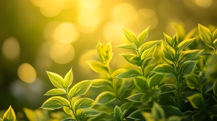 Obraz premium Vibrant leaves on a sunlit plant, showcasing bright green foliage and lush botanical detail in a serene garden setting with natural light and organic textures.