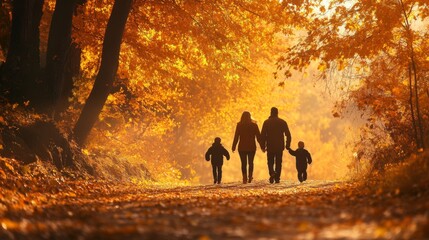 Family Silhouettes Walking Through an Autumn Forest Path
