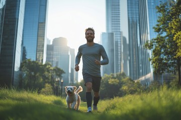 A man jogs in a city park with his energetic dog beside him.