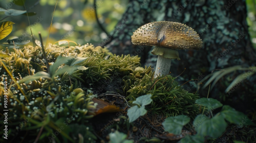 Poster A single mushroom sits atop a dense and vibrant forest floor