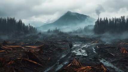 Naklejka premium Lonely figure walking through deforested landscape beneath mountains