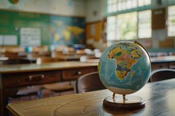 A globe sits on top of a wooden table, providing a sense of place and perspective