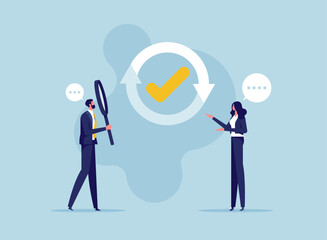 Task rechecking, review completed work to identify and correct error, carefulness in working concept, Businessman and woman with completed checkbox and circular arrows around