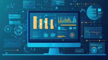 Obraz premium a computer and dashboard for data business analysis and Data Management System, Customers database, gather information to report, Data science technology and digital marketing icons