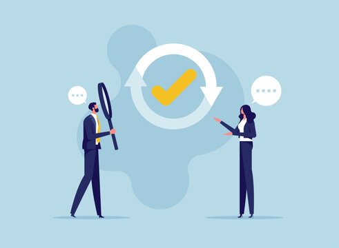 Task rechecking, review completed work to identify and correct error, carefulness in working concept, Businessman and woman with completed checkbox and circular arrows around