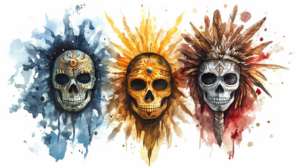 Spiritual tribal masks with sun, skulls, and nature elements in watercolor art. Tribal Art. Illustration