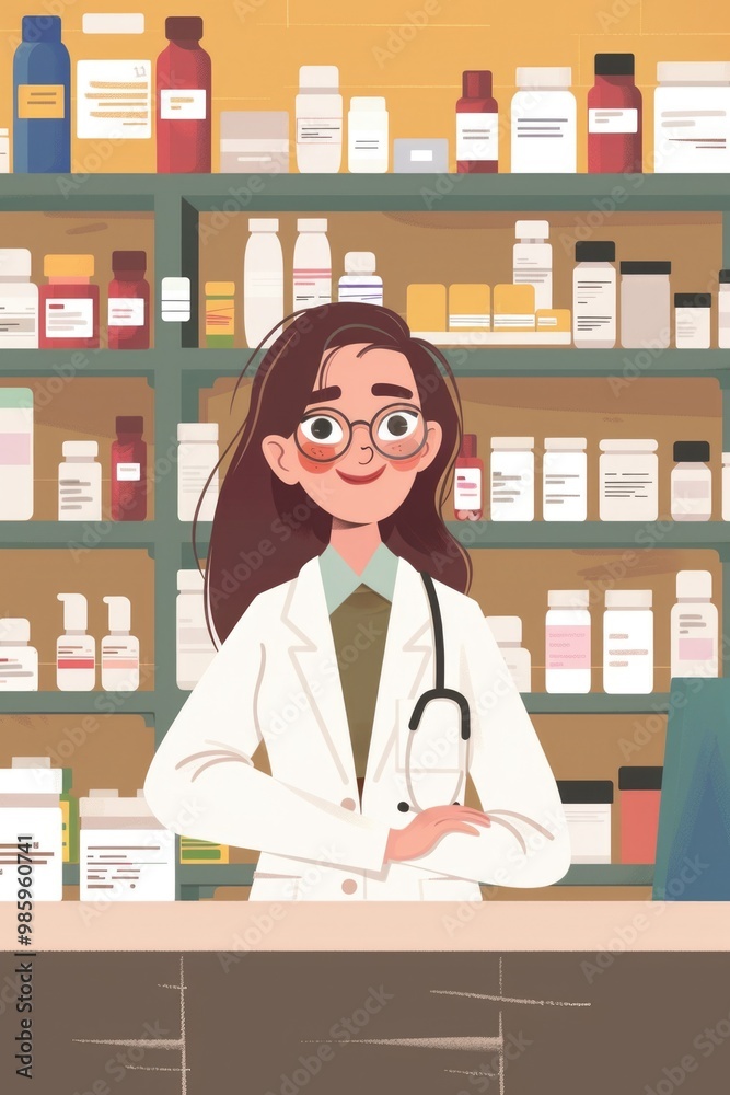 Poster a woman in a lab coat stands in front of a counter, ready for work