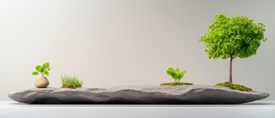 Minimalist Wooden Platform with Six Small Potted Trees in Various Stages of Growth Against a Simple White Wall Background.