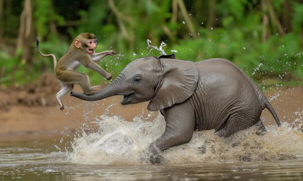 A baby elephant and a little monkey were playing in the shallow river happily