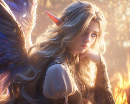 thoughtful female aasimar seated with angelic wings illuminated by warm light in a peaceful setting