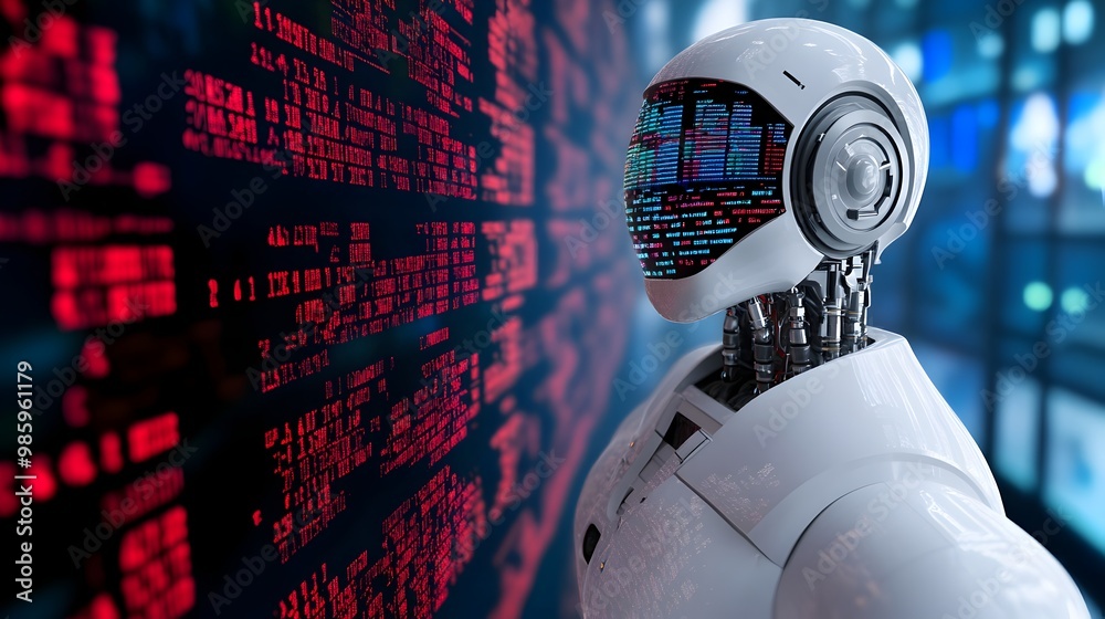 Poster an abstract futuristic image depicting binary market data being processed and analyzed within a inte