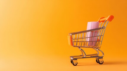 Shopping Cart with Discounted Items on Orange Background