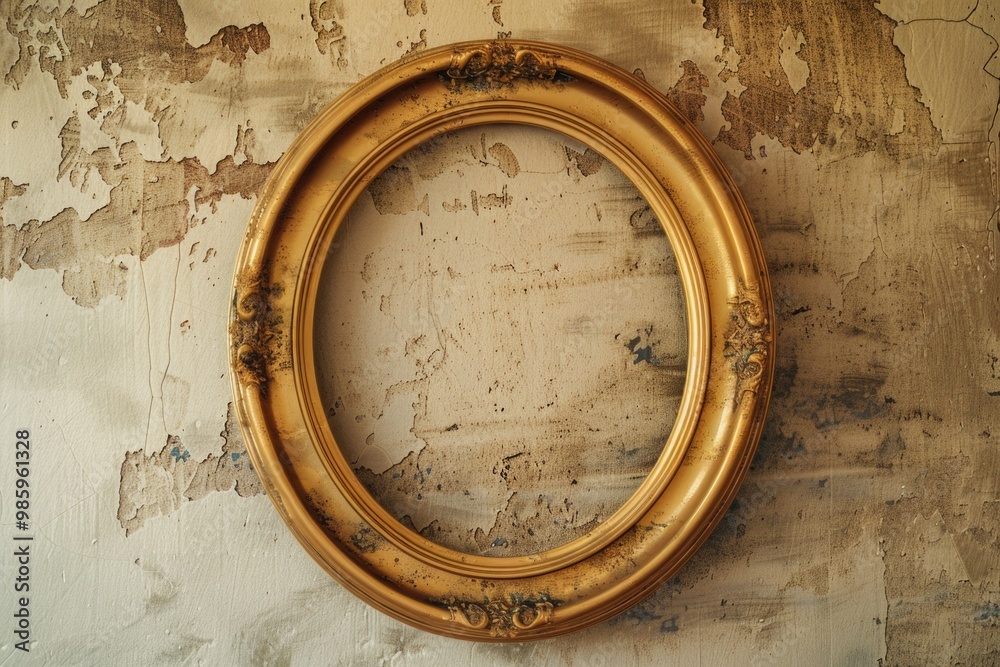 Poster a picture frame hangs on a wall with peeling paint, great for decorating or background use