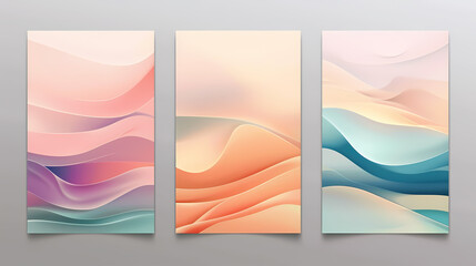 Obraz premium Three abstract digital paintings in pink, orange, and blue hues, each with a unique wavy pattern.