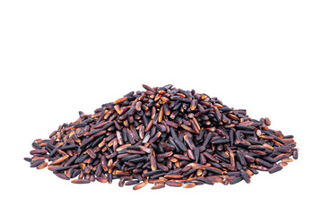 Closeup view pile of dark purple rice berry seeds, riceberry seeds isolated on white background with clipping path.