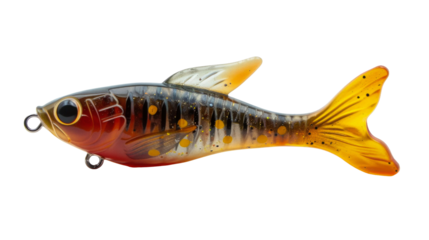 This detailed fishing lure mimics a lively fish, featuring bright colors and intricate patterns, perfect for enticing bass and trout in natural water bodies.