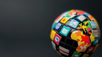 business icons on globe , black setting (close up, focus on, copy space) 