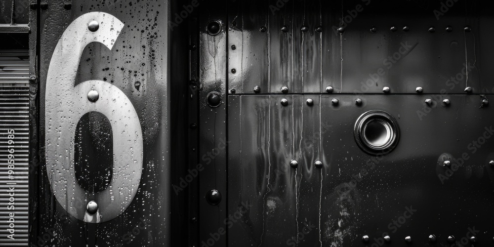 Poster a close-up view of a metal door with the number six prominently displayed