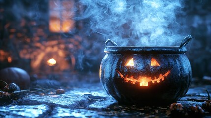 Carved Pumpkins with a Blue Witch Hat on a Dark Forest Background