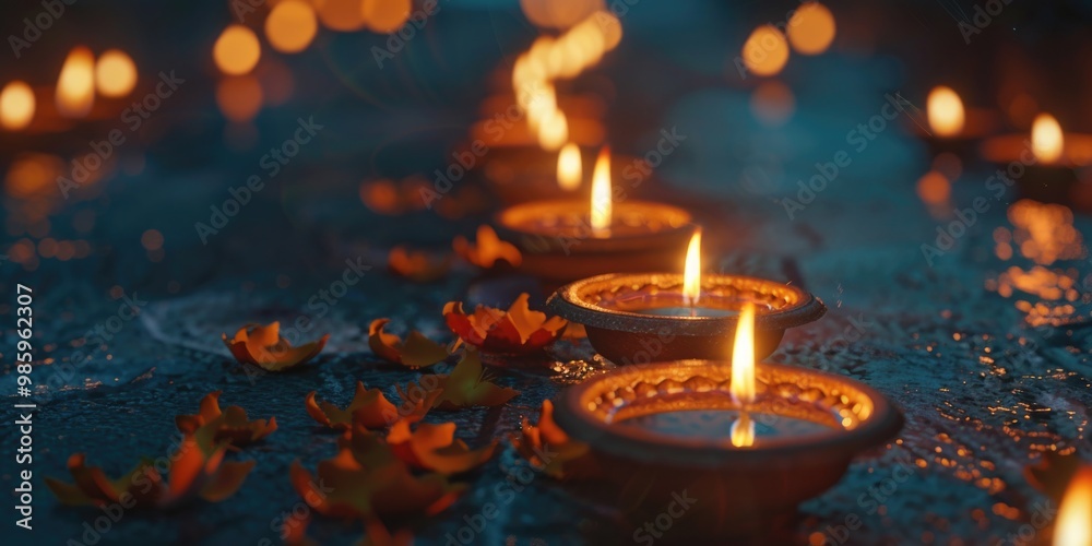 Poster group of lit candles placed on a table, perfect for creating warm ambiance