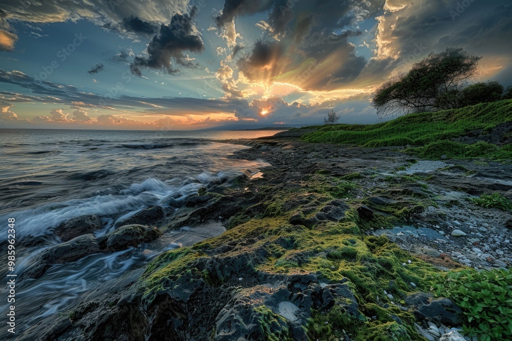 Canvas Prints Sun setting over ocean waves on rocky shore